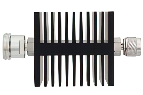 10 dB Fixed Attenuator, 7/16 DIN Female To N Female Directional Black Anodized Aluminum Heatsink Body Rated To 50 Watts Up To 7.5 GHz