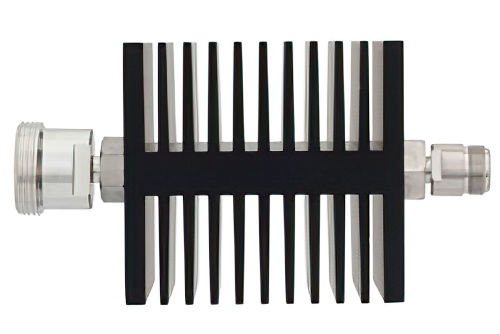 50 dB Fixed Attenuator, 7/16 DIN Female to N Female Directional Black Anodized Aluminum Heatsink Body Rated to 50 Watts Up to 6 GHz