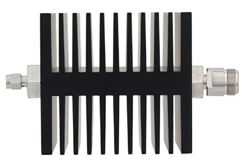 20 dB Fixed Attenuator, SMA Male To N Female Directional Black Anodized Aluminum Heatsink Body Rated To 50 Watts Up To 18 GHz