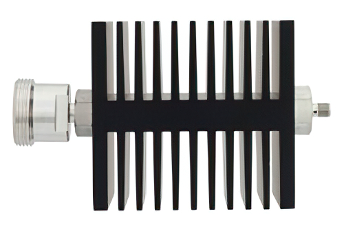 50 dB Fixed Attenuator, 7/16 DIN Female To SMA Female Directional Black Anodized Aluminum Heatsink Body Rated To 50 Watts Up To 18 GHz