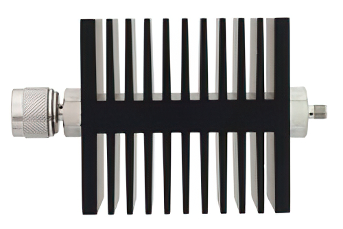 10 dB Fixed Attenuator, N Male To SMA Female Directional Black Anodized Aluminum Heatsink Body Rated To 50 Watts Up To 18 GHz