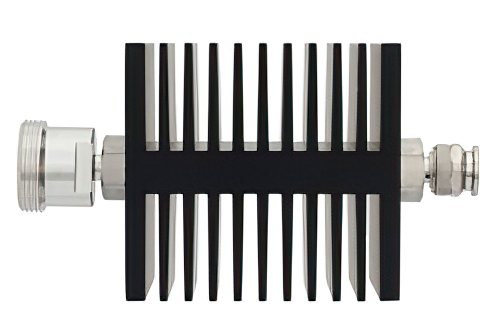 6 dB Fixed Attenuator, 7/16 DIN Female To TNC Male Directional Black Anodized Aluminum Heatsink Body Rated To 50 Watts Up To 7.5 GHz