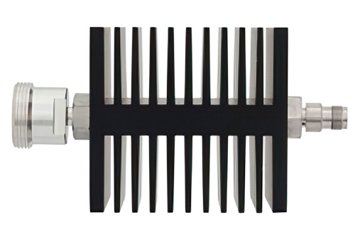 10 dB Fixed Attenuator, 7/16 DIN Female To TNC Female Directional Black Anodized Aluminum Heatsink Body Rated To 50 Watts Up To 18 GHz
