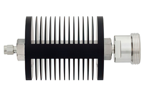 10 dB Fixed Attenuator, SMA Male to 7/16 DIN Female Black Anodized Aluminum Heatsink Body Rated to 25 Watts Up to 7.5 GHz