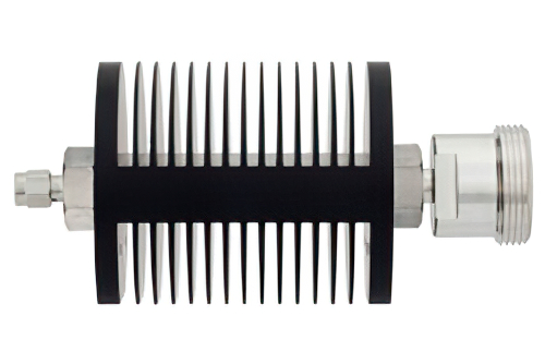 3 dB Fixed Attenuator, SMA Male to 7/16 DIN Female Black Anodized Aluminum Heatsink Body Rated to 25 Watts Up to 7.5 GHz
