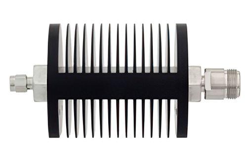 50 dB Fixed Attenuator, SMA Male to N Female Black Anodized Aluminum Heatsink Body Rated to 25 Watts Up to 8 GHz