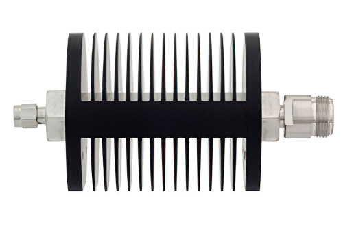 6 dB Fixed Attenuator, SMA Male to N Female Black Anodized Aluminum Heatsink Body Rated to 25 Watts Up to 18 GHz