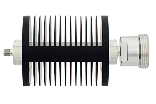 10 dB Fixed Attenuator, SMA Female to 7/16 DIN Female Black Anodized Aluminum Heatsink Body Rated to 25 Watts Up to 7.5 GHz