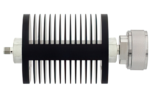 3 dB Fixed Attenuator, SMA Female to 7/16 DIN Male Black Anodized Aluminum Heatsink Body Rated to 25 Watts Up to 7.5 GHz