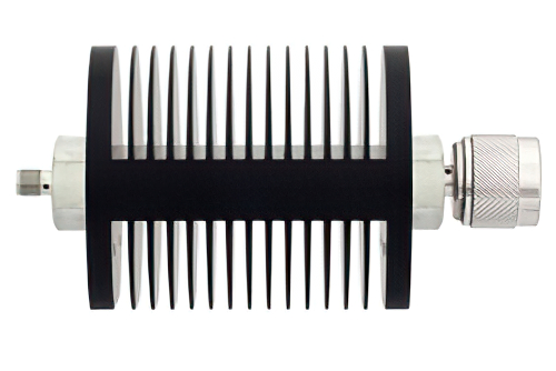 30 dB Fixed Attenuator, SMA Female to N Male Black Anodized Aluminum Heatsink Body Rated to 25 Watts Up to 18 GHz