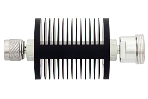 10 dB Fixed Attenuator, N Male to 7/16 DIN Female Black Anodized Aluminum Heatsink Body Rated to 25 Watts Up to 7.5 GHz