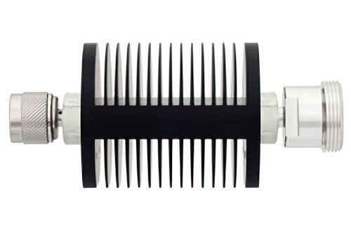 30 dB Fixed Attenuator, N Male to 7/16 DIN Female Black Anodized Aluminum Heatsink Body Rated to 25 Watts Up to 7.5 GHz