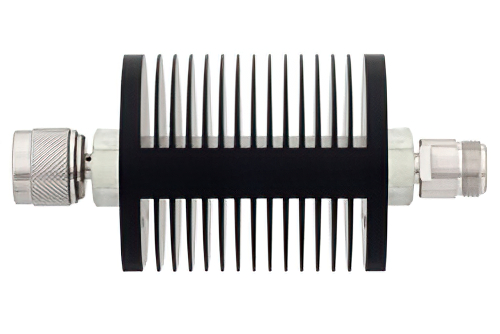 20 dB Fixed Attenuator, N Male to N Female Black Anodized Aluminum Heatsink Body Rated to 25 Watts Up to 18 GHz