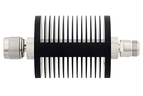 50 dB Fixed Attenuator, N Male to N Female Black Anodized Aluminum Heatsink Body Rated to 25 Watts Up to 8 GHz