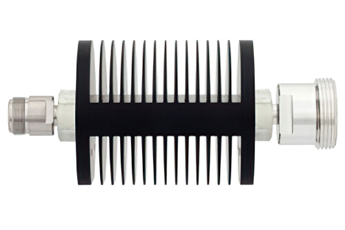 10 dB Fixed Attenuator, N Female to 7/16 DIN Female Black Anodized Aluminum Heatsink Body Rated to 25 Watts Up to 7.5 GHz