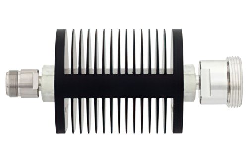 30 dB Fixed Attenuator, N Female to 7/16 DIN Female Black Anodized Aluminum Heatsink Body Rated to 25 Watts Up to 7.5 GHz