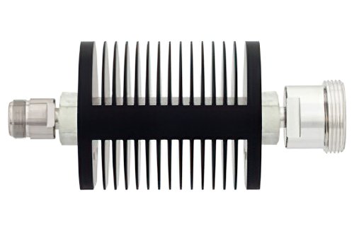 6 dB Fixed Attenuator, N Female to 7/16 DIN Female Black Anodized Aluminum Heatsink Body Rated to 25 Watts Up to 7.5 GHz