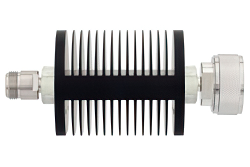 3 dB Fixed Attenuator, N Female to 7/16 DIN Male Black Anodized Aluminum Heatsink Body Rated to 25 Watts Up to 7.5 GHz