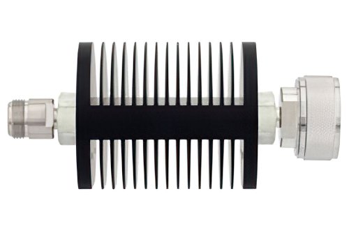 40 dB Fixed Attenuator, N Female to 7/16 DIN Male Black Anodized Aluminum Heatsink Body Rated to 25 Watts Up to 7.5 GHz