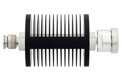 3 dB Fixed Attenuator, TNC Male to 7/16 DIN Female Black Anodized Aluminum Heatsink Body Rated to 25 Watts Up to 7.5 GHz