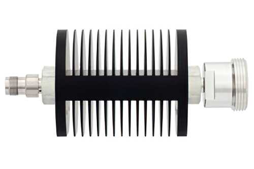 10 dB Fixed Attenuator, TNC Female to 7/16 DIN Female Black Anodized Aluminum Heatsink Body Rated to 25 Watts Up to 7.5 GHz