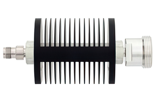 3 dB Fixed Attenuator, TNC Female to 7/16 DIN Female Black Anodized Aluminum Heatsink Body Rated to 25 Watts Up to 7.5 GHz