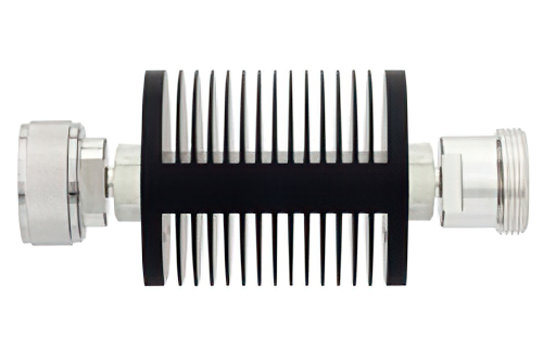50 dB Fixed Attenuator, 7/16 DIN Male to 7/16 DIN Female Black Anodized Aluminum Heatsink Body Rated to 25 Watts Up to 6 GHz