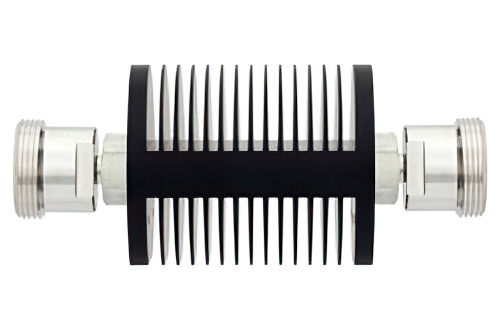 20 dB Fixed Attenuator, 7/16 DIN Female to 7/16 DIN Female Black Anodized Aluminum Heatsink Body Rated to 25 Watts Up to 7.5 GHz