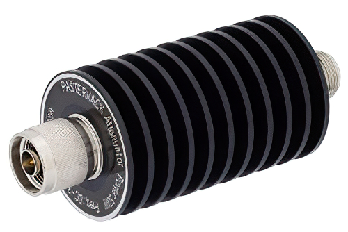 15 dB Fixed Attenuator, N Male To N Female Unidirectional Black Anodized Aluminum Heatsink Body Rated To 50 Watts Up To 3 GHz
