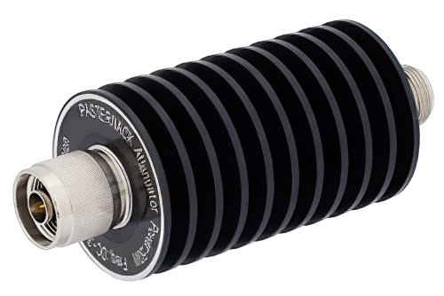 3 dB Fixed Attenuator, N Male to N Female Unidirectional Black Anodized Aluminum Heatsink Body Rated to 50 Watts Up to 3 GHz