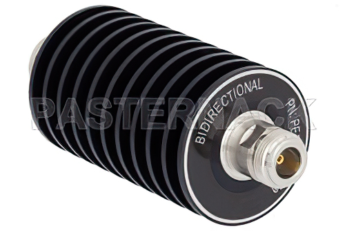20 dB Fixed Attenuator, N Male to N Female Black Anodized Aluminum Heatsink Body Rated to 50 Watts Up to 3 GHz