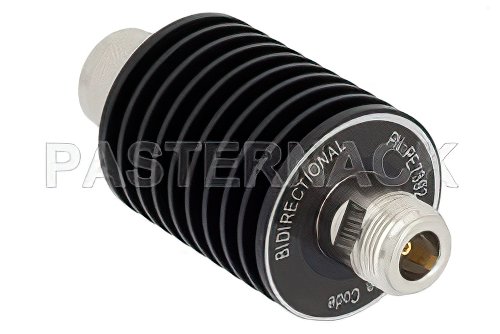30 dB Fixed Attenuator, N Male to N Female Black Anodized Aluminum Heatsink Body Rated to 25 Watts Up to 4 GHz