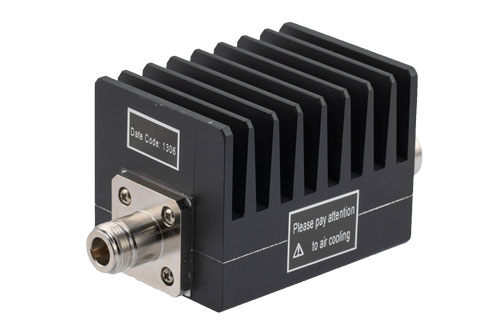 3 dB Fixed Attenuator, N Male To N Female Black Anodized Aluminum Heatsink Body Rated To 50 Watts Up To 4 GHz