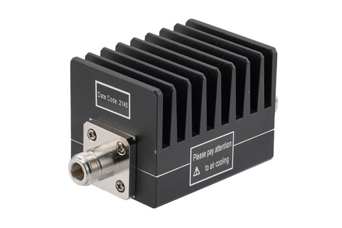 40 dB Fixed Attenuator, N Male to N Female Black Anodized Aluminum Heatsink Body Rated to 50 Watts Up to 4 GHz