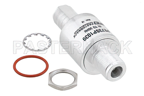 Type N F/F In/Out Bulkhead Coax RF Surge Protector, DC - 3GHz, DC Pass, 40W, IP67, 40kA, Gas Discharge Tube