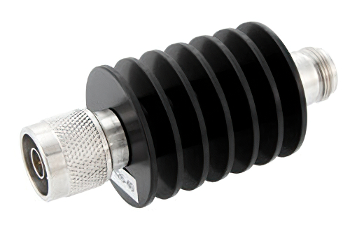 40 dB Fixed Attenuator, N Male to N Female Black Anodized Aluminum Heatsink Body Rated to 25 Watts Up to 18 GHz