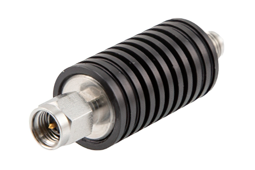 20 dB Fixed Attenuator, SMA Male to SMA Female Black Anodized Aluminum Heatsink Body Rated to 10 Watts Up to 6 GHz