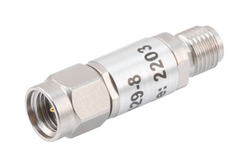 8 dB Fixed Attenuator, 2.92mm Male to 2.92mm Female Passivated Stainless Steel Body Rated to 0.5 Watts Up to 40 GHz