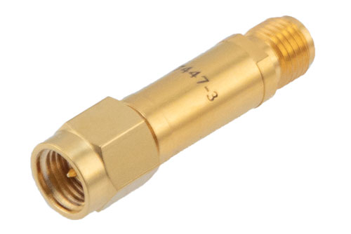 3dB DC Bias Attenuator, SMA Male to SMA Female Brass Tri-Metal Body Rated to 2 Watts from 100MHz to 3 GHz