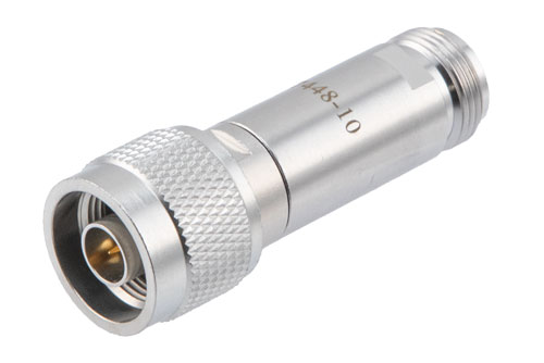 10dB DC Bias Attenuator, N Male to N Female Brass Tri-Metal Body Rated to 2 Watts from 100MHz to 3 GHz