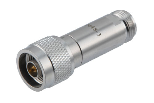 3dB DC Bias Attenuator, N Male to N Female Brass Tri-Metal Body Rated to 2 Watts from 100MHz to 3 GHz