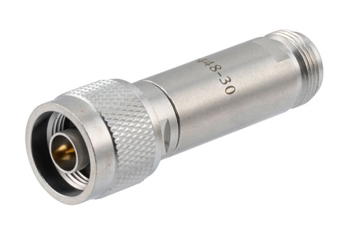 30dB DC Bias Attenuator, N Male to N Female Brass Tri-Metal Body Rated to 2 Watts from 100MHz to 3 GHz
