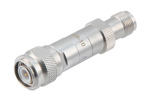 10dB DC Bias Attenuator, TNC Male to TNC Female Brass Tri-Metal Body Rated to 2 Watts from 100MHz to 3 GHz