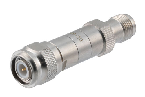 20dB DC Bias Attenuator, TNC Male to TNC Female Brass Tri-Metal Body Rated to 2 Watts from 100 MHz to 3 GHz