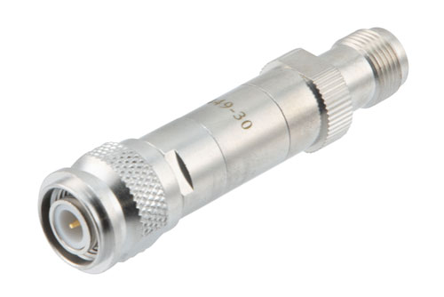 30dB DC Bias Attenuator, TNC Male to TNC Female Brass Tri-Metal Body Rated to 2 Watts from 100MHz to 3 GHz