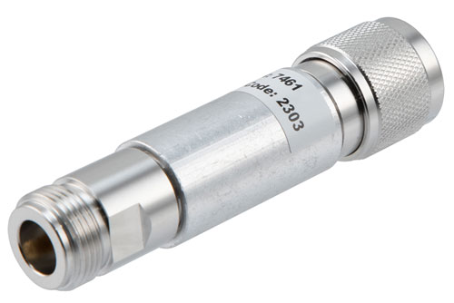 3 dB Fixed Attenuator, N Male to N Female Brass Nickel Body Rated to 5 Watts Up to 12.4 GHz