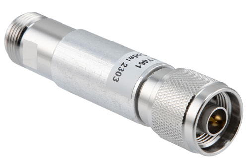 3 dB Fixed Attenuator, N Male to N Female Brass Nickel Body Rated to 5 Watts Up to 12.4 GHz
