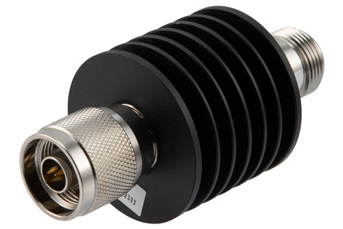 6 dB Fixed Attenuator, N Male to N Female Black Anodized Aluminum Body Rated to 10 Watts Up to 12.4 GHz