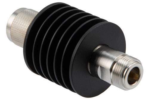 6 dB Fixed Attenuator, N Male to N Female Black Anodized Aluminum Body Rated to 10 Watts Up to 12.4 GHz