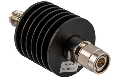 3 dB Fixed Attenuator, TNC Male to TNC Female Black Anodized Aluminum Body Rated to 10 Watts Up to 12.4 GHz